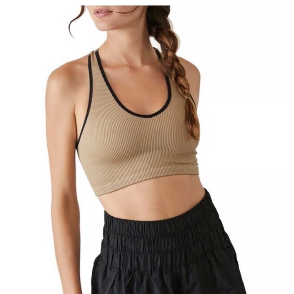 Free People Movement cropped ribbed tank Size Small khaki w/black trim